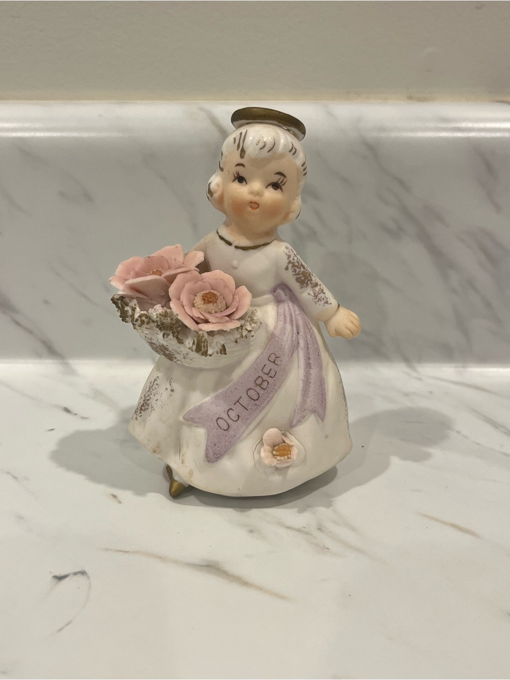 Vintage October Birthday Angel Figurine with Pink Flowers